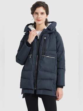 Orolay Women's Navy Blue Puffer Jacket with Cream Sherpa Lining